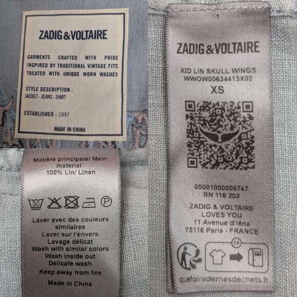 Zadig & Voltaire Kid Linen Glacier Blue Skull Embroidered Utility Jacket XS - Picture 8 of 12